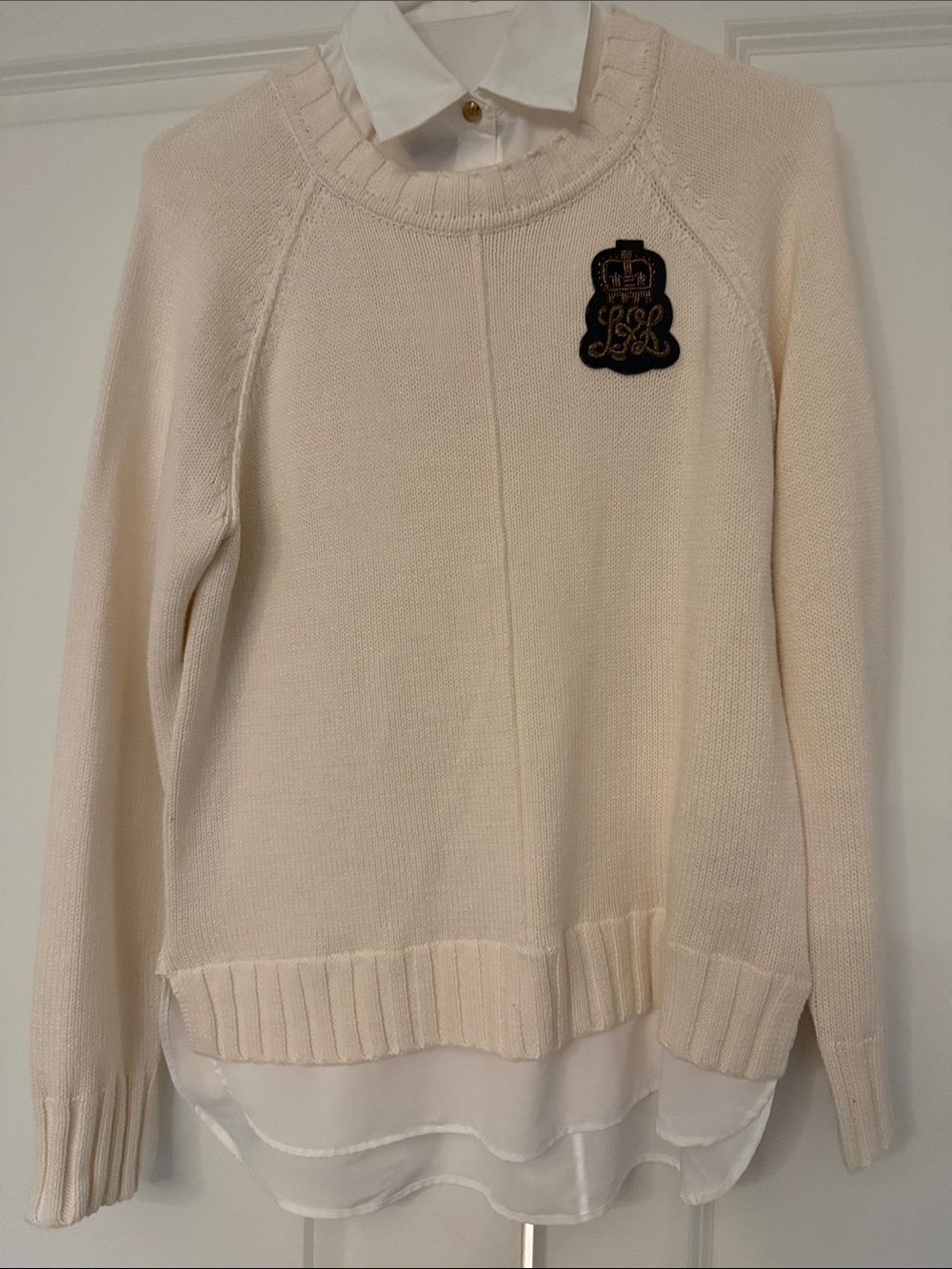 Lauren by Ralph Lauren Cream Layered Knit Sweater with Embroidered Crest